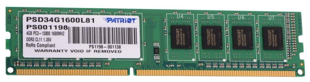 Модуль памяти DIMM 4GB DDR3 PATRIOT PSD34G1600L81 (1600MHz, 1.35V) Модуль памяти DIMM 4GB DDR3 PATRIOT PSD34G1600L81 (1600MHz, 1.35V)