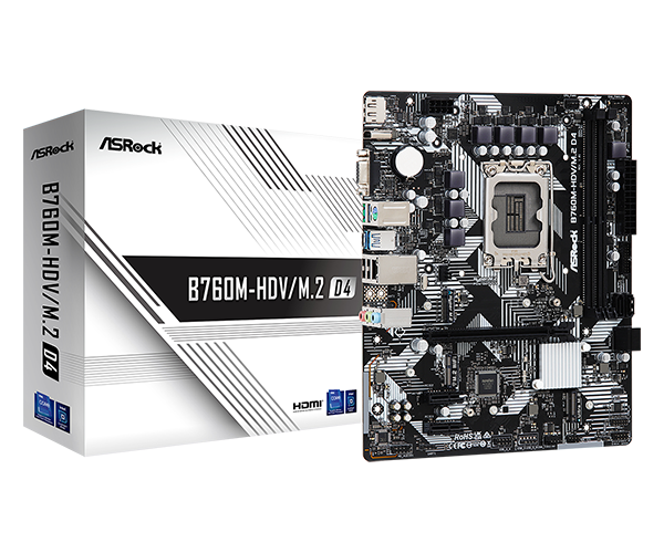 Мат. плата Asrock B760M-HDV/M.2 D4 (S-1700, B760, VGA, HDMI, DP, 3xPCI-E, 2DDR4, M.2, SATAIII, SATA3, GbLAN)