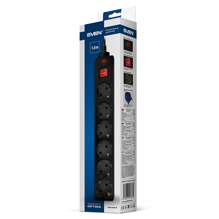 Сетевой фильтр SVEN Optima 6 5.0 (6 Euro Sockets, 5.0m, Black, 2300W) Сетевой фильтр SVEN Optima 6 5.0 (6 Euro Sockets, 5.0m, Black, 2300W)
