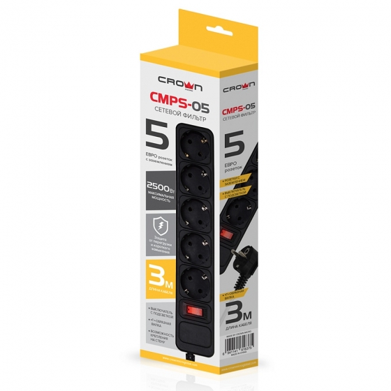 Сетевой фильтр CrownMicro CMPS-05 (5 Euro Sockets, 3.0m, Black, 2500W)