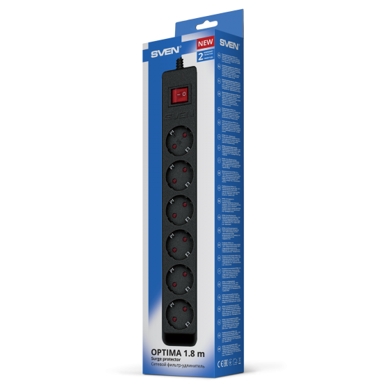 Сетевой фильтр SVEN Optima 6 1.8 (6 Euro Sockets, 1.8m, Black, 2300W)