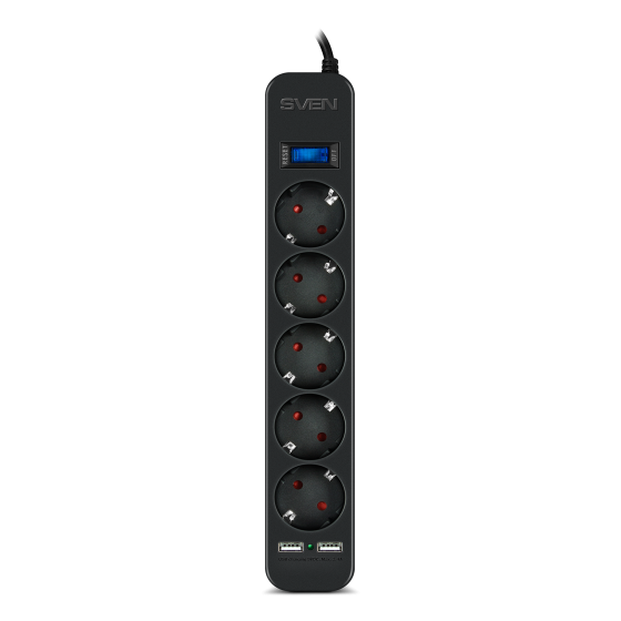 Сетевой фильтр SVEN SF-05LU 1.8 (5 Euro Sockets, 2xUSB (2.4А), 1.8m, Black, 2300W)