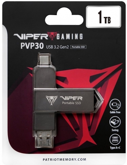 Накопитель SSD внешний 1TB Patriot Duo Compact PVP30 PVP301TB28UDG (1000Mbps, USB-A/USB-C, Black)