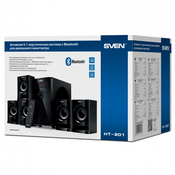 Колонки SVEN HT-201 (5.1, 20W + 5x12W, Bluetooth, FM, USB/SD, Display, R/C, Black) Колонки SVEN HT-201 (5.1, 20W + 5x12W, Bluetooth, FM, USB/SD, Display, R/C, Black)
