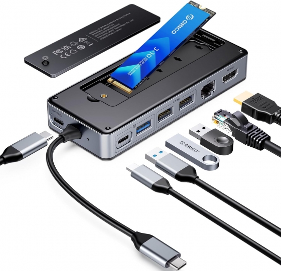 Док-станция Orico OM28PR-G2-BK-EP (USB-C 3.2 to 1xUSB-A 3.2, 2xUSB-A 2.0, 1xUSB-C 3.2, HDMI, USB-C PD (100W), NVMe/SATA, RJ45?)